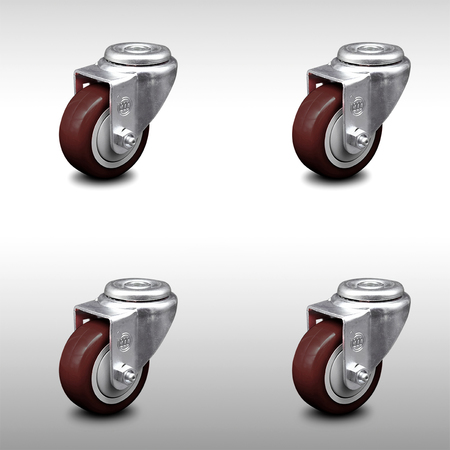 SERVICE CASTER 3 Inch SS Maroon Polyurethane Wheel Swivel Bolt Hole Caster Set SCC-SSBH20S314-PPUB-MRN-4